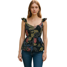 Load image into Gallery viewer, Farm Rio Floral Peplum Ruffle Sleeveless Shirt Blouse Top Blue Black Multi Small