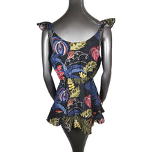 Load image into Gallery viewer, Farm Rio Floral Peplum Ruffle Sleeveless Shirt Blouse Top Blue Black Multi Small