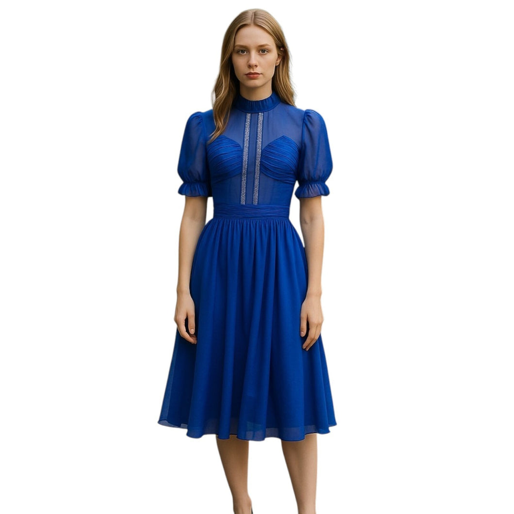 SELF PORTRAIT Blue Dress 4 Cut Out Back Sheer Lace Midi