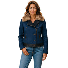 Load image into Gallery viewer, VERONICA BEARD Jacket 4 Black Leather Trim Blue Denim Removable Fur Collar
