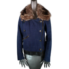 Load image into Gallery viewer, VERONICA BEARD Jacket 4 Black Leather Trim Blue Denim Removable Fur Collar
