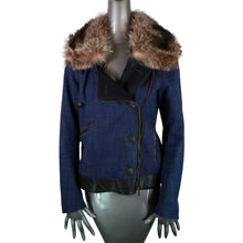 Load image into Gallery viewer, VERONICA BEARD Jacket 4 Black Leather Trim Blue Denim Removable Fur Collar
