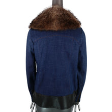 Load image into Gallery viewer, VERONICA BEARD Jacket 4 Black Leather Trim Blue Denim Removable Fur Collar
