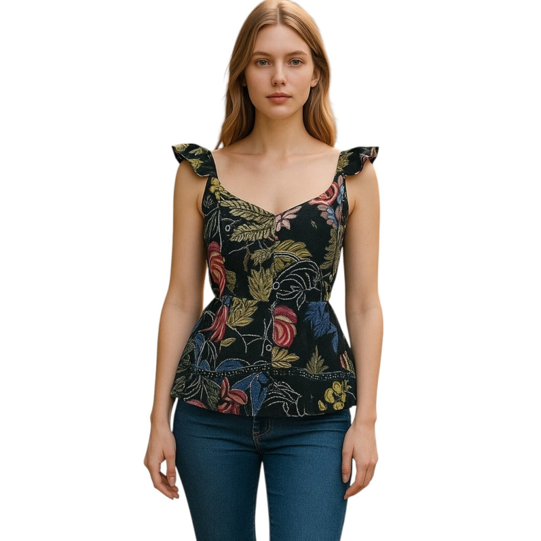 Farm Rio Floral Peplum Ruffle Sleeveless Shirt Blouse Top Blue Black Multi Small