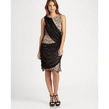 Load image into Gallery viewer, Alice + Olivia Lace Sash Silk Dress Black Beige Sheath 2

