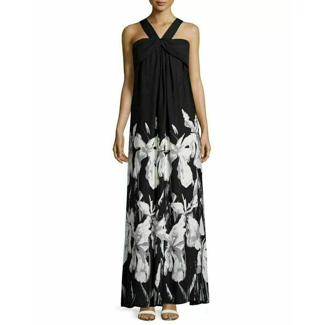 Halston Heritage Floral Halter Dress Black Ivory Maxi 0