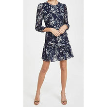 Load image into Gallery viewer, Shoshanna Floral Blue Metallic Ruched Dress 4

